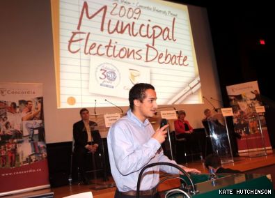 CSU VP External Auob Muntasar addresses the crowd during the municipal election debate Oct. 20 in the J.A. de Sève Cinema. 
